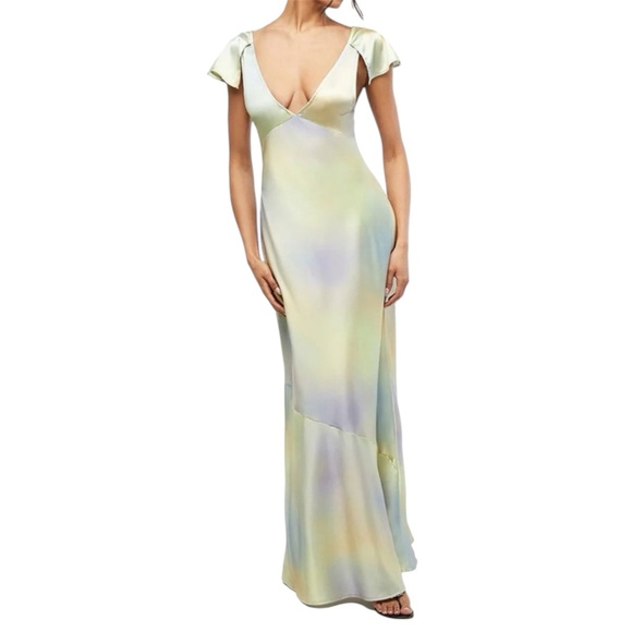 WeWoreWhat Green and Yellow Watercolor Lace Midi Slip Dress Flutter Sleeve Gown - Picture 2 of 10